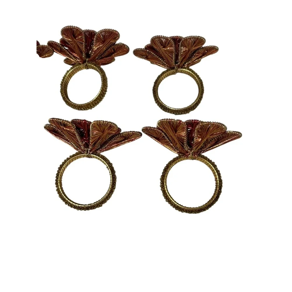 Pier 1 Wired Beaded Napkin Rings Flowers Gold and Red‎ Set of 8
